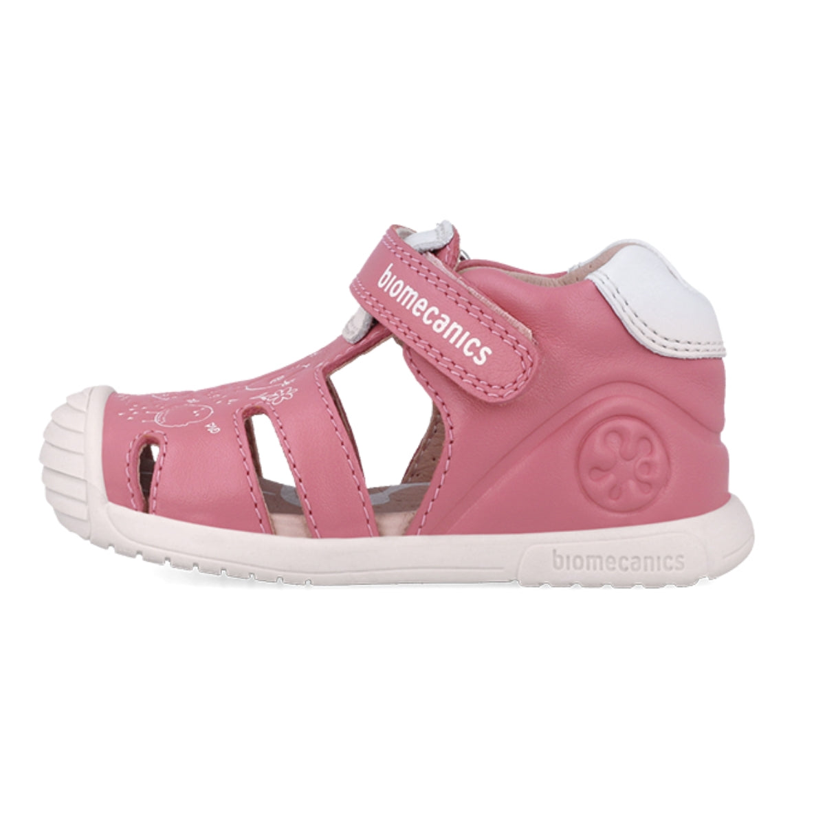 Sandalia Niña Piel Rosa con Velcro y Estampado - BIOMECANICS