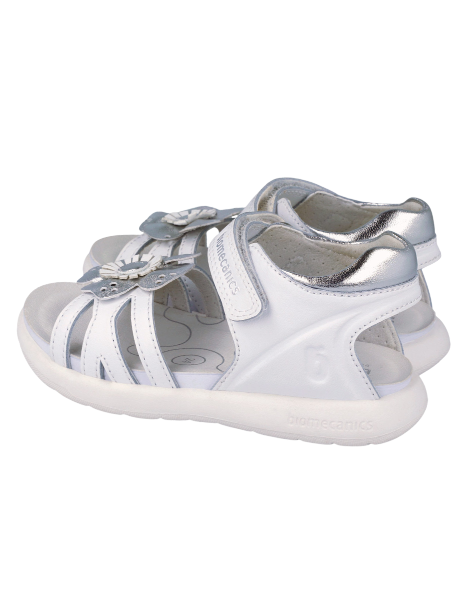 Sandalia Biomecanics Blanco con Velcro y Flor para Niña