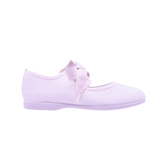 Zapato de niña en lona rosa con cintas – Pekis