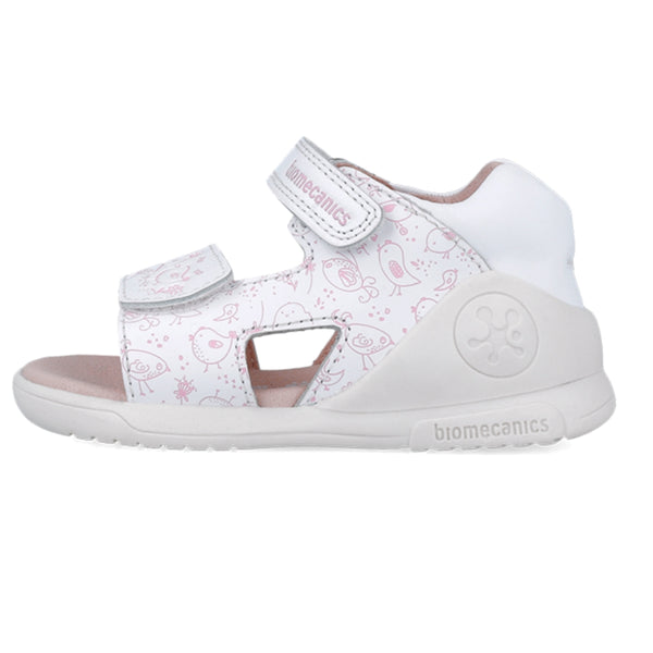 Sandalia Niña Piel Blanca con Estampado y Velcro - Biomecanics