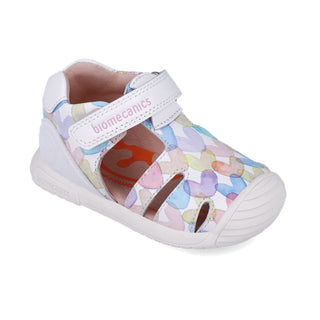 Sandalia Niña Piel Blanca con Estampado Multicolor y Velcro - BIOMECANICS