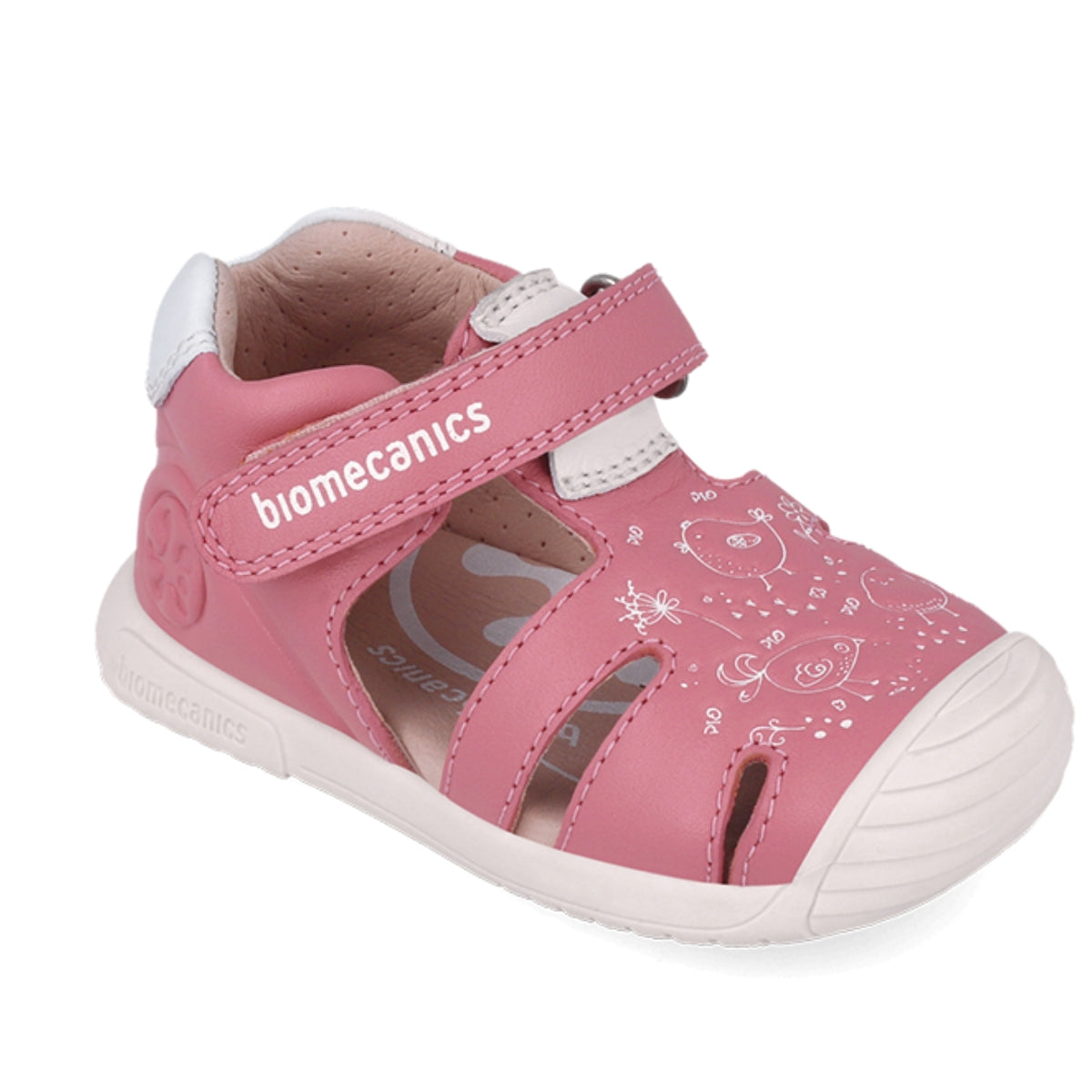 Sandalia Niña Piel Rosa con Velcro y Estampado - BIOMECANICS
