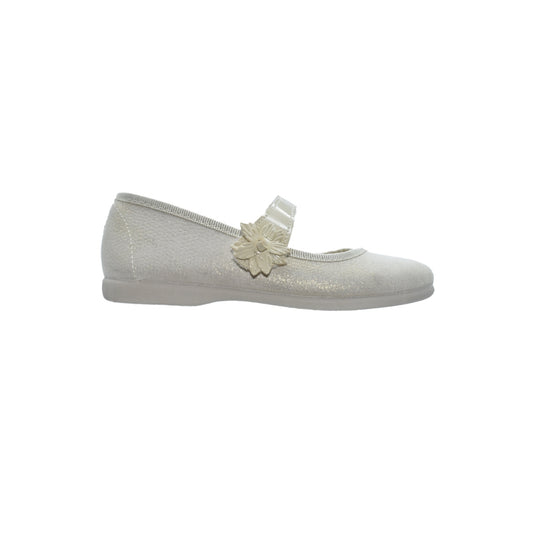 Zapatos de niña con velcro y flor decorativa color perla – Tokolate