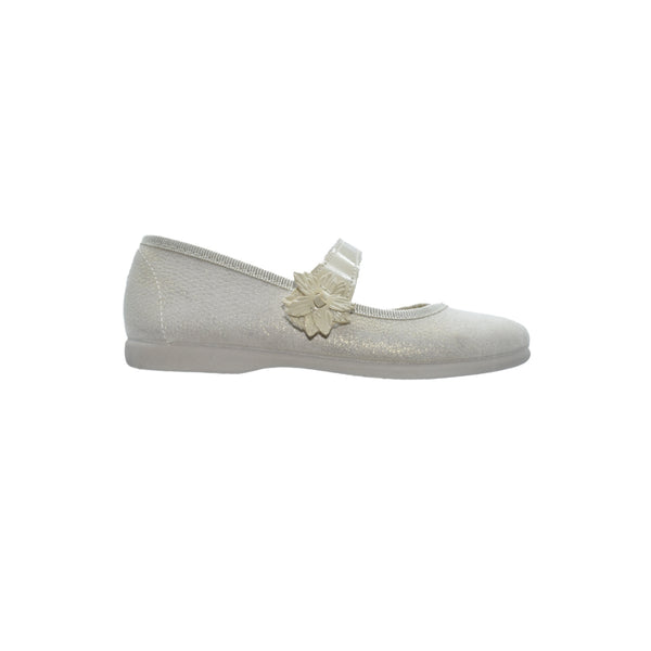 Zapatos Tokolate Color Perla con Velcro y Flor Decorativa  para Niña