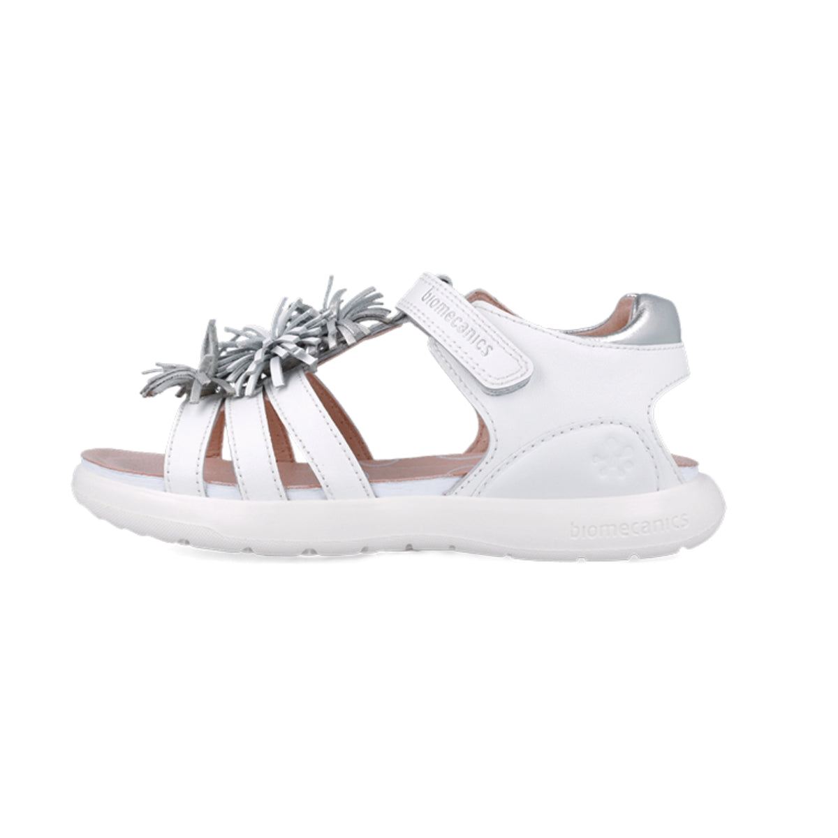 Sandalia Niña Piel Blanca con Pompón Plateado - BIOMECANICS
