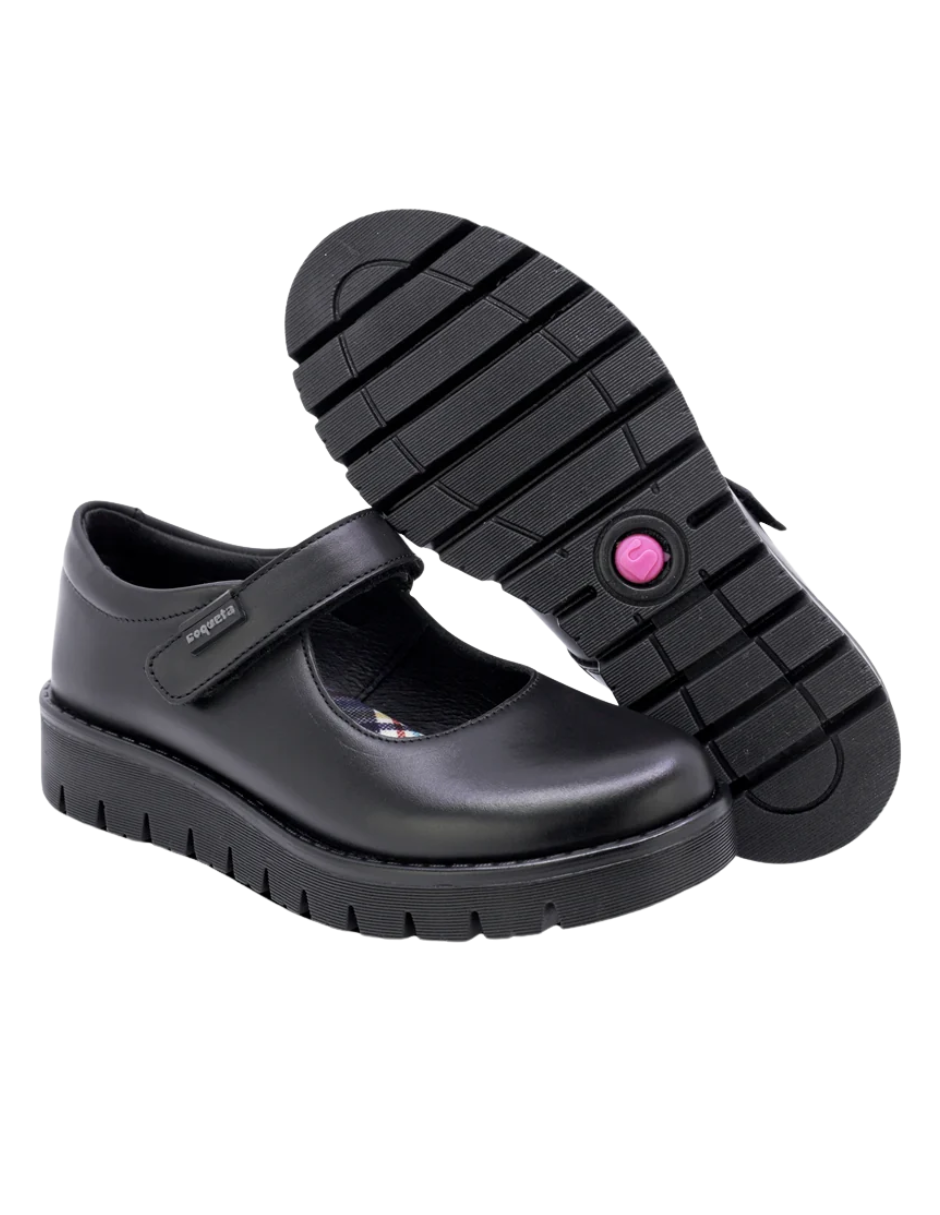 Zapato Coqueta Escolar Suela Rayada Con Velcro Negros para Niña