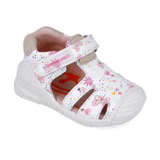 Sandalia Niña Piel Blanca con Estampado y Velcro - BIOMECANICS