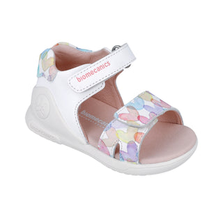 Sandalia Niña Piel Blanca con Velcro y Estampado Multicolor - Biomecanics