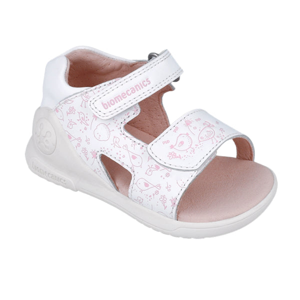 Sandalia Niña Piel Blanca con Estampado y Velcro - Biomecanics