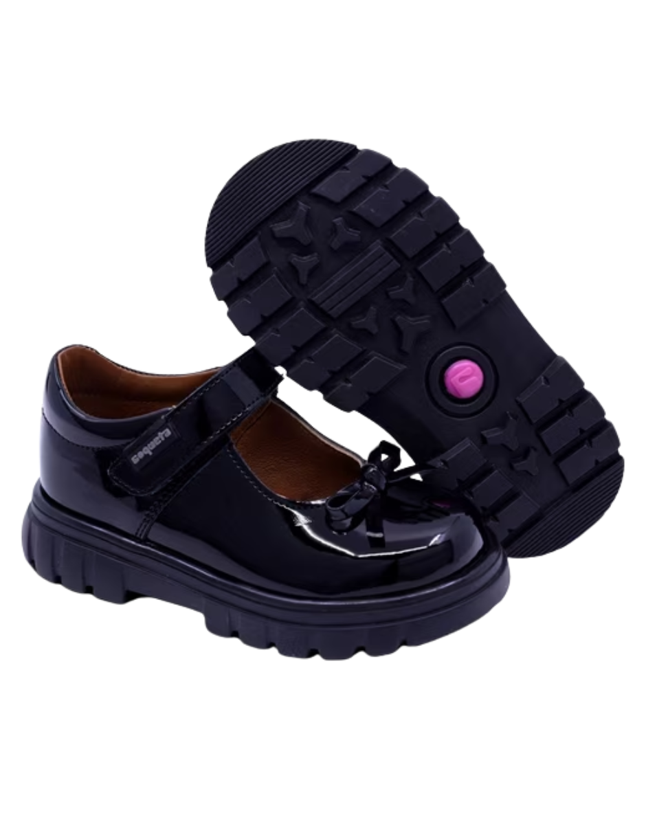 Zapato Coqueta Escolar Charol Moño Con Velcro Negros para Niña