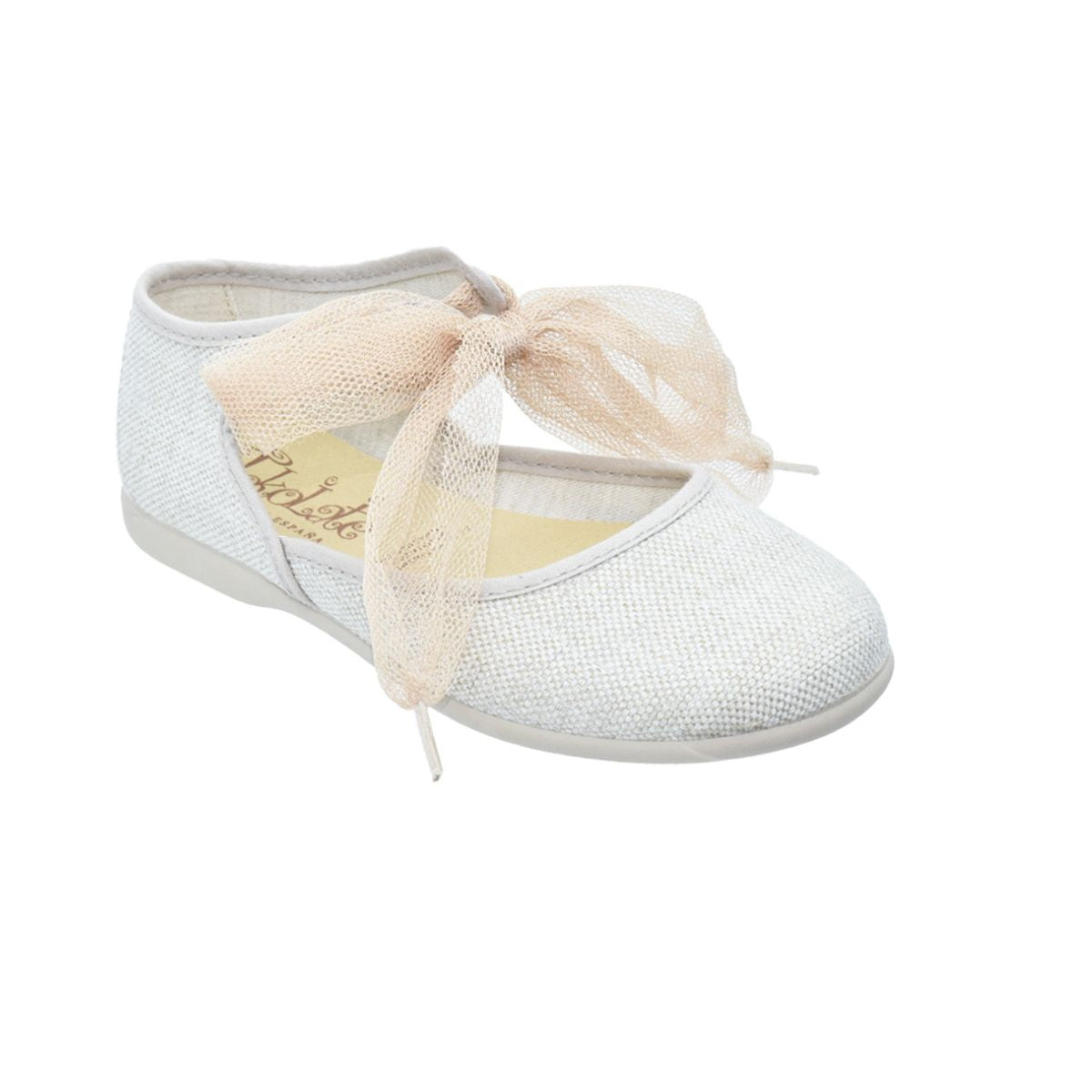 Zapatos de niña en lino con moño de tul crudo – Tokolate