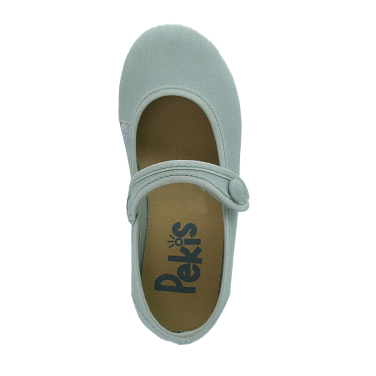 Zapato de niña en lona verde agua con velcro y botón – Pekis