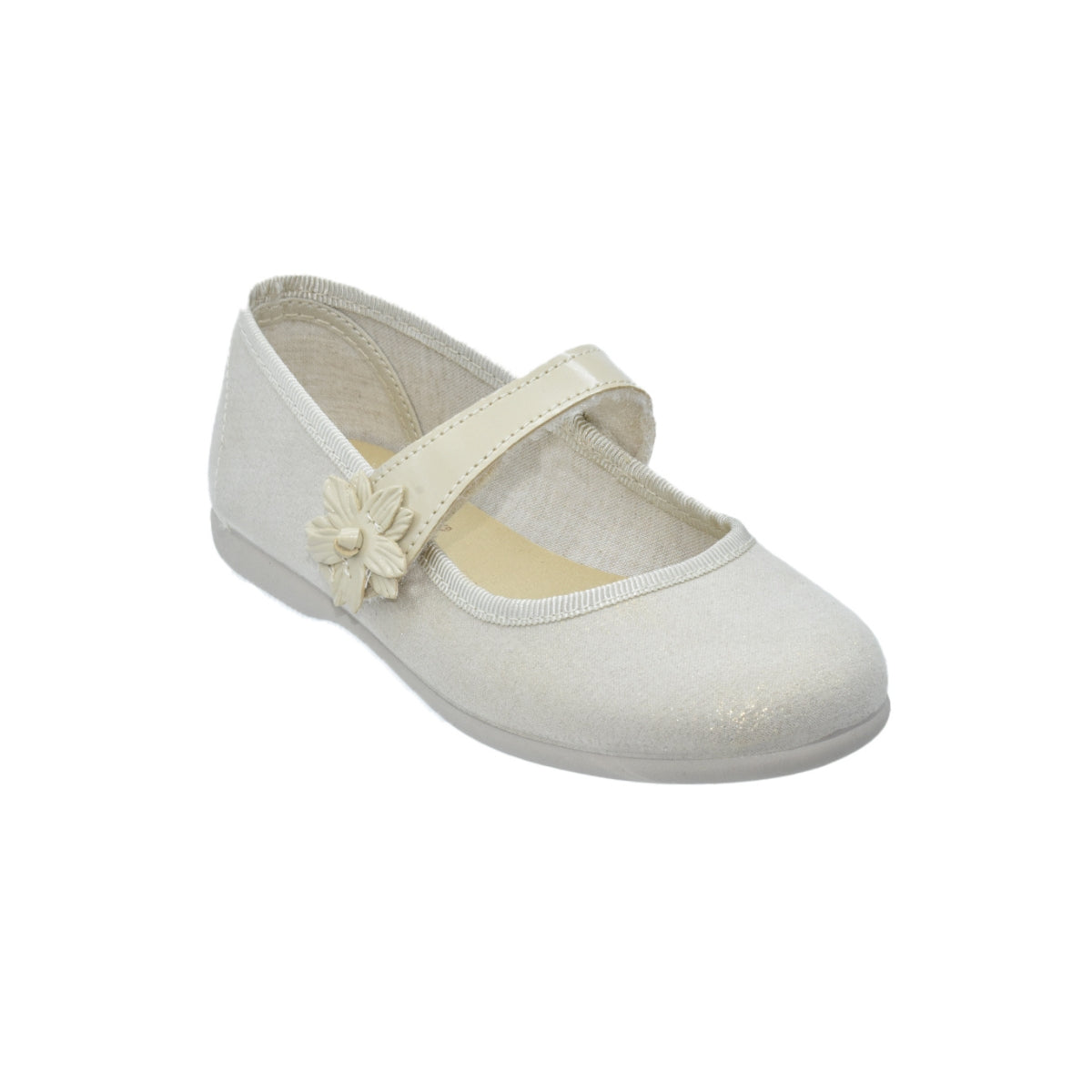 Zapatos de niña con velcro y flor decorativa color perla – Tokolate