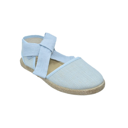 Zapatos Tokolate Tipo Valenciana en Lino Azul con Lazo para Niños (Unisex)