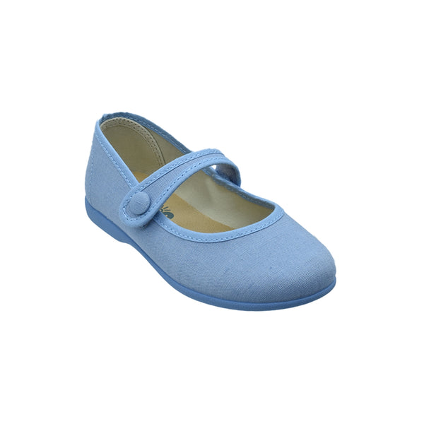 Zapato de niña con velcro y botón en lona celeste – Pekis