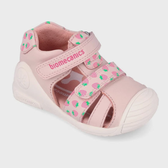 Sandalia Biomecanics Doble Cotton con Velcro y Fresas para Bebé