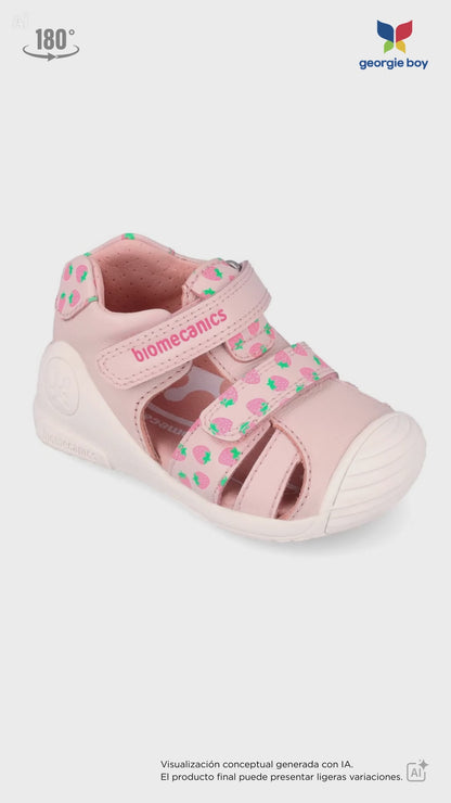 Sandalia Biomecanics Doble Cotton con Velcro y Fresas para Bebé